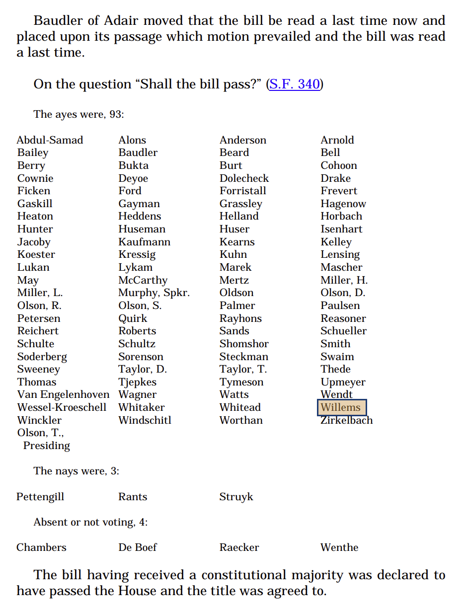 Iowa House Journal record for the final passage vote on Senate File 340, April 24, 2009. The ayes were 93, the nays were 3. Nate Willems is listed among the ayes and is highlighted.